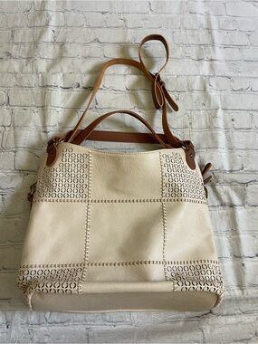 Clarks Cream Faux Leather Shoulder Bag Cutout Detail Brown Strap